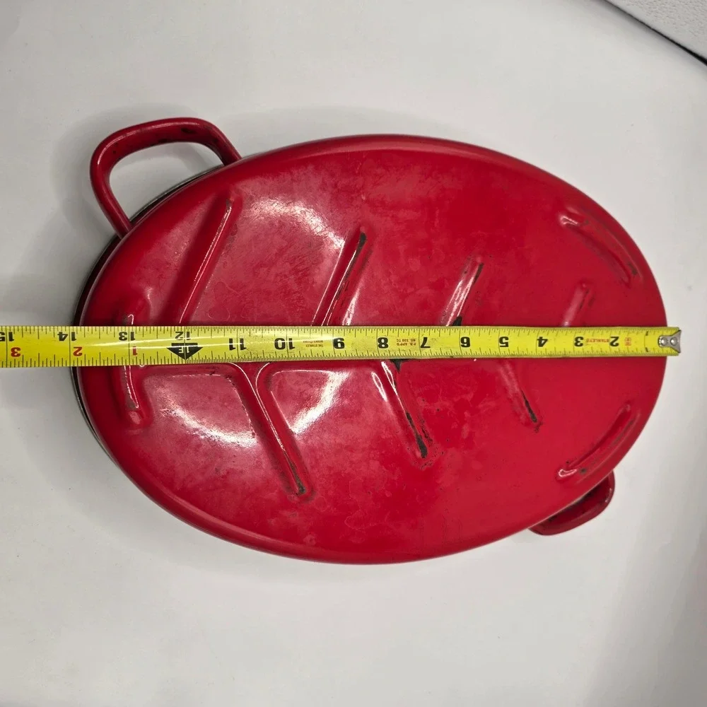 Vintage Red Enamel Roasting Pan Oval Lid Farmhouse Rustic Decor Primitive Roast